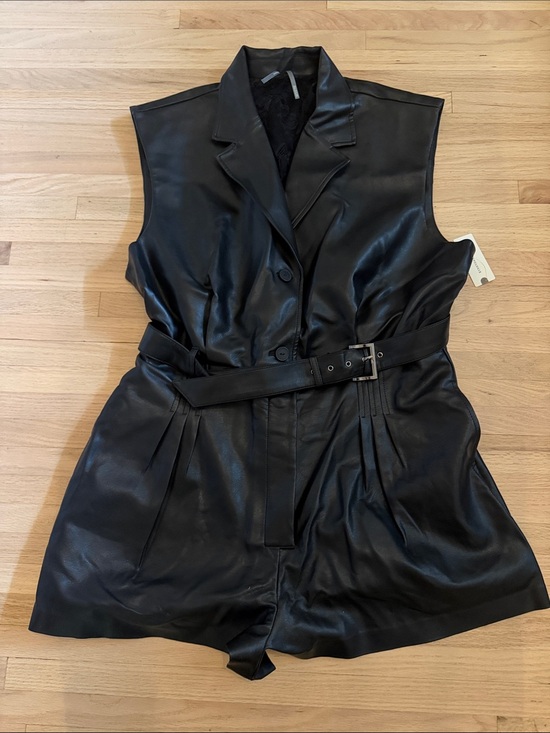 Anthropologie Pants - NWT Anthropologie Sleeveless Black Faux Leather Romper with Belt XL
